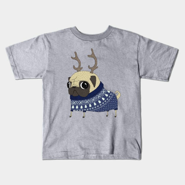 Reindeer Pug Kids T-Shirt by agrapedesign